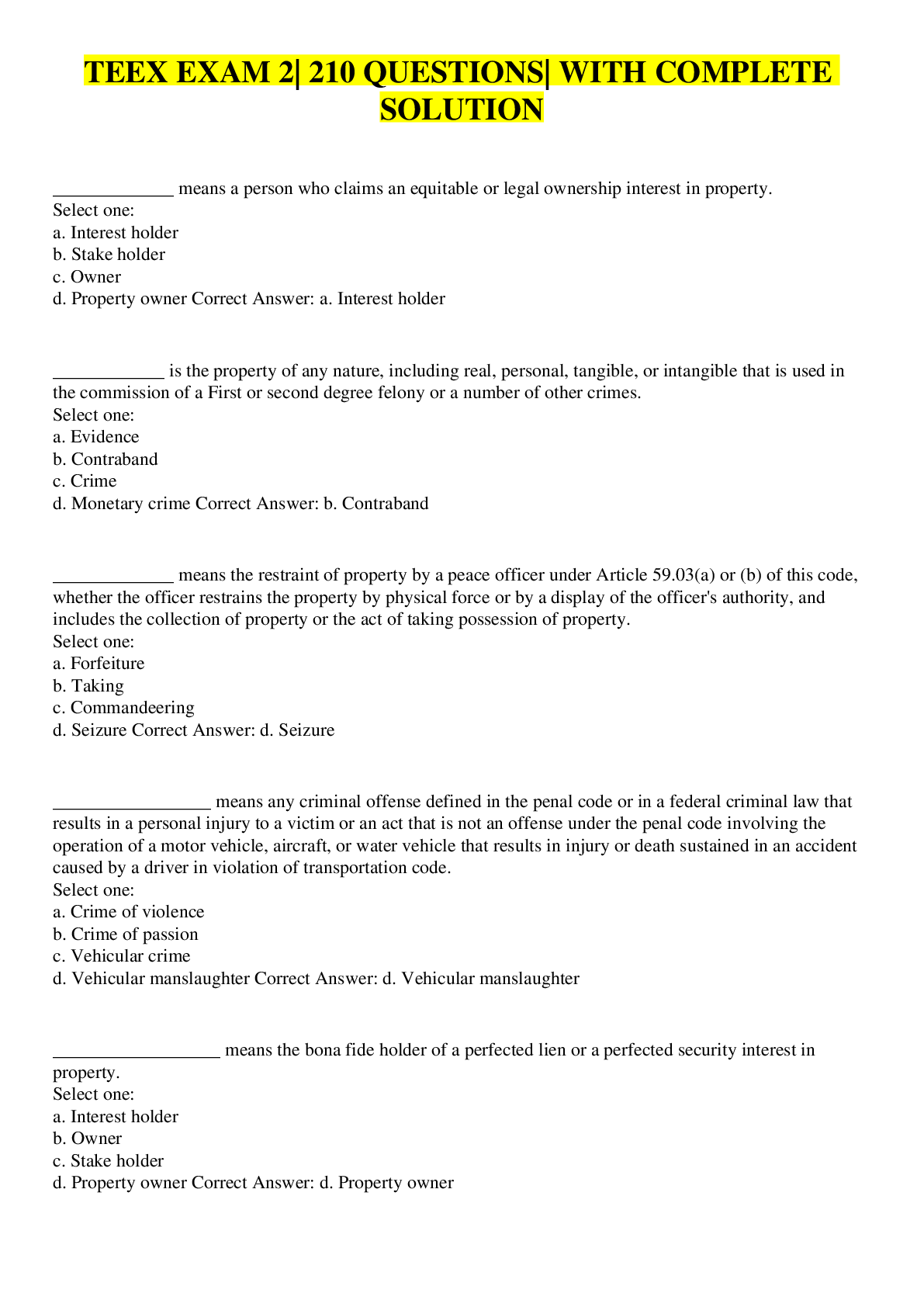 Preview image of TEEX EXAM 2| 210 QUESTIONS| WITH COMPLETE SOLUTION document